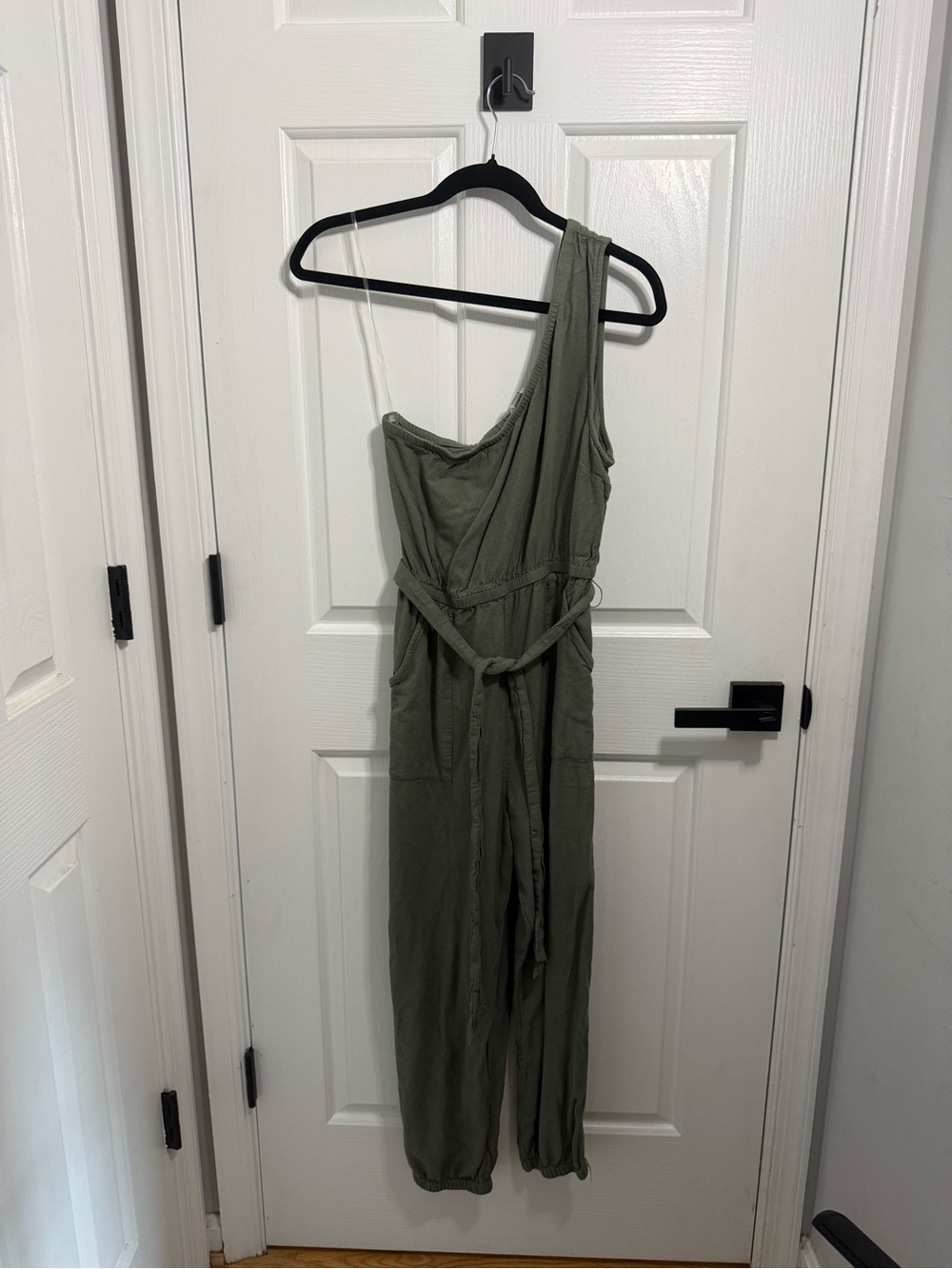 American Eagle Outfitters One-Shoulder Olive Jumpsuit with Tie Waist